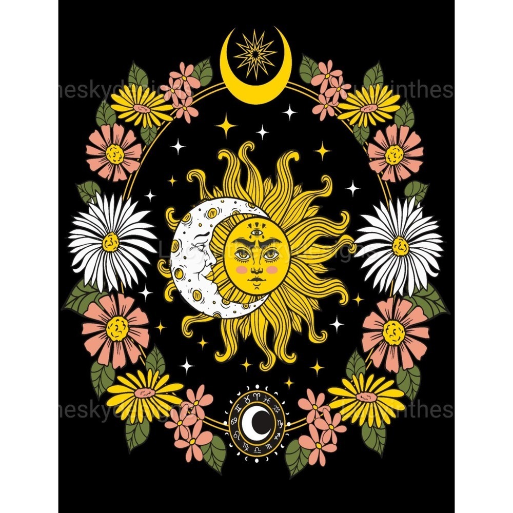 Moon Sun Daisy Celestial Pink Black Gold Art Print 8.5x11 - Picture 2 of 5